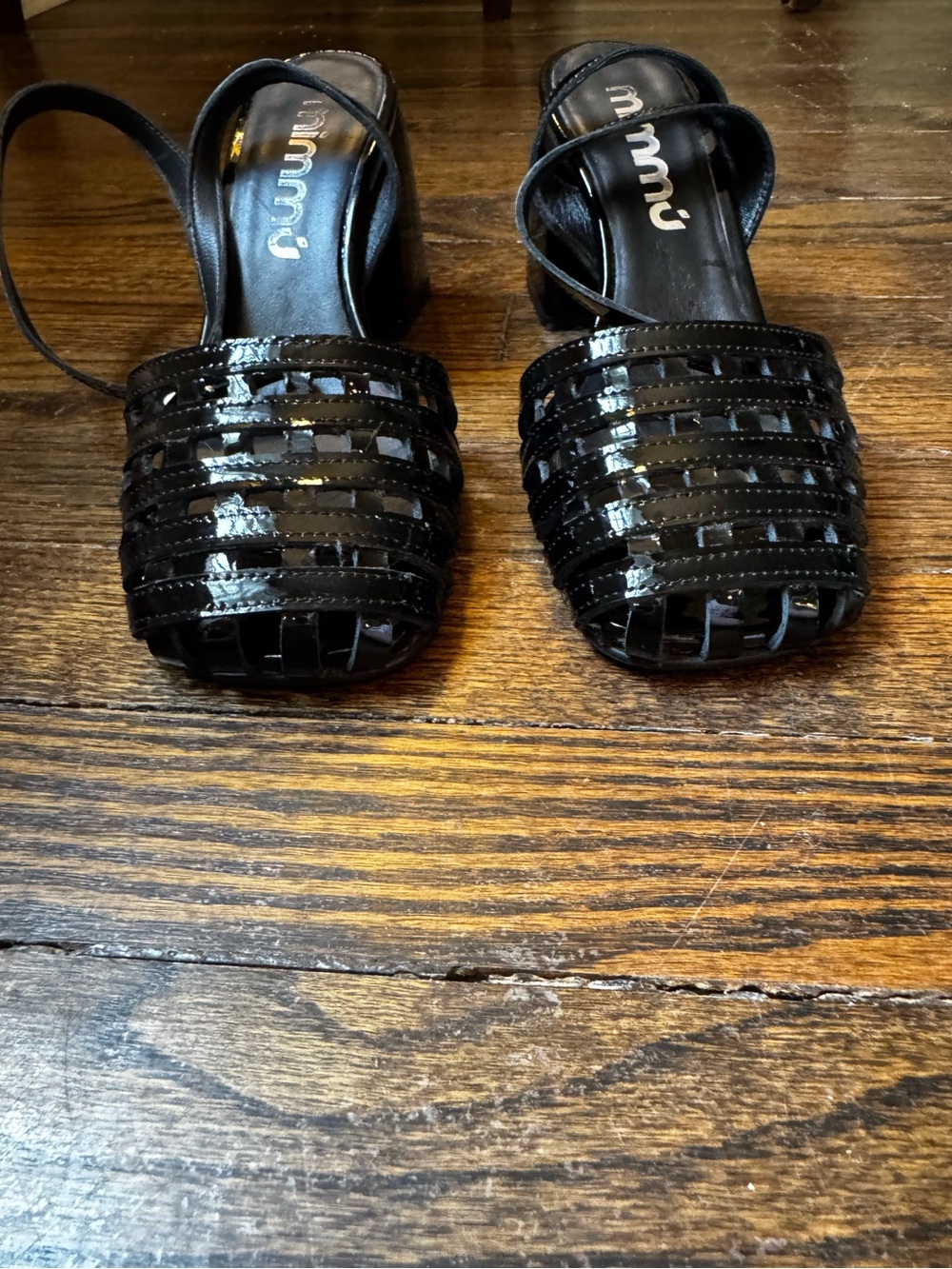 Miu Miu Black Patent Woven Slingback Block Heels